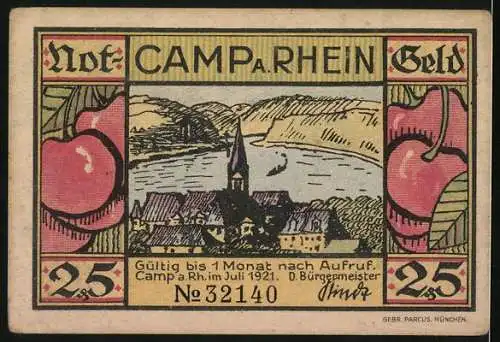 Notgeld Camp /Rh. 1921, 25 Pfennig, Teilansicht, Kirschen, Frachter, Steuerräder