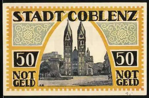 Notgeld Coblenz 1921, 50 Pfennig, Ortspartie mit Denkmal und Kirche, Kreuz mit Krone