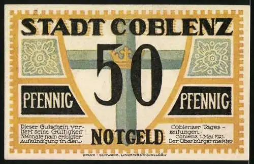 Notgeld Coblenz 1921, 50 Pfennig, Ortspartie mit Denkmal und Kirche, Kreuz mit Krone