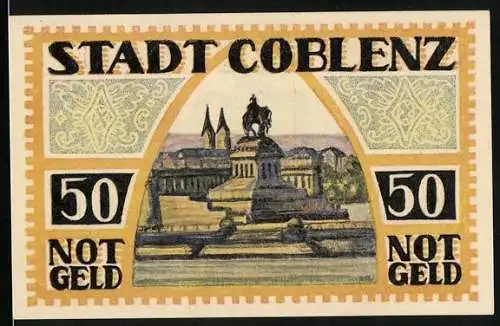 Notgeld Coblenz 1921, 50 Pfennig, Teilansicht mit Rhein und Reiterdenkmal, Kreuz mit Krone