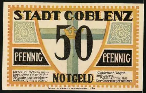 Notgeld Coblenz 1921, 50 Pfennig, Teilansicht mit Rhein und Reiterdenkmal, Kreuz mit Krone