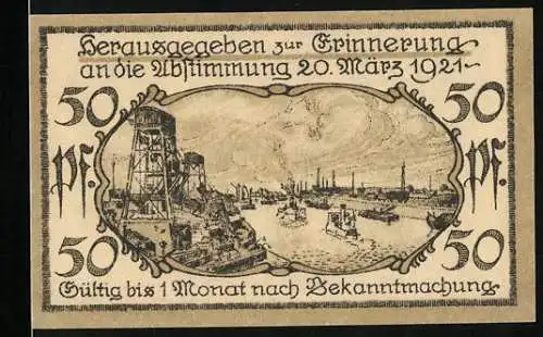 Notgeld Cosel /O. S. 1921, 50 Pfennig, Wappen und Eiche, Flusspartie mit Bergwerk