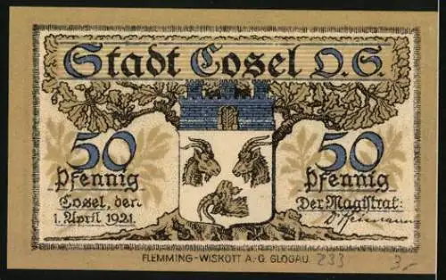 Notgeld Cosel /O. S. 1921, 50 Pfennig, Wappen und Eiche, Flusspartie mit Bergwerk
