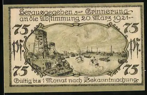 Notgeld Cosel /O. S. 1921, 75 Pfennig, Wappen und Eiche, Flusspartie mit Bergwerk