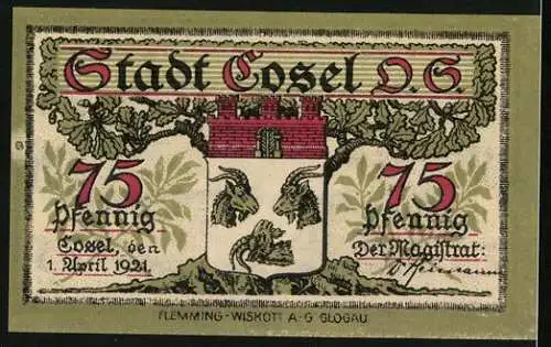 Notgeld Cosel /O. S. 1921, 75 Pfennig, Wappen und Eiche, Flusspartie mit Bergwerk