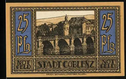 Notgeld Coblenz 1921, 25 Pfennig, Ortspartie mit Brücke, Kreuz mit Krone