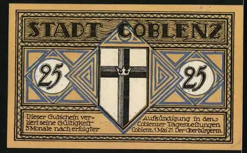 Notgeld Coblenz 1921, 25 Pfennig, Ortspartie mit Brücke, Kreuz mit Krone