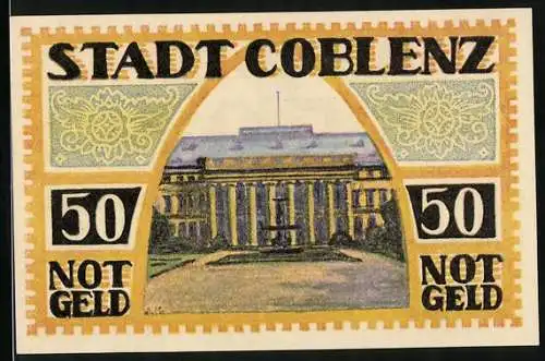 Notgeld Coblenz 1921, 50 Pfennig, Schloss, Kreuz mit Krone