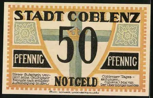 Notgeld Coblenz 1921, 50 Pfennig, Schloss, Kreuz mit Krone