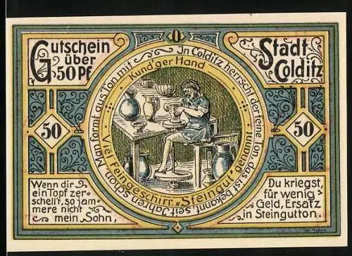 Notgeld Colditz /Sa. 1921, 50 Pfennig, Wappen, Töpfer am Arbeitsplatz