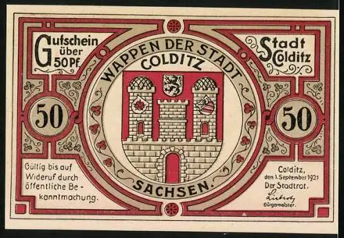 Notgeld Colditz /Sa. 1921, 50 Pfennig, Wappen, Töpfer am Arbeitsplatz