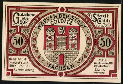 Notgeld Colditz /Sa., 1921, 50 Pfennig, Wappen, Schloss