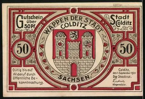 Notgeld Colditz /Sa., 1921, 50 Pfennig, Wappen, Niederlage 1430