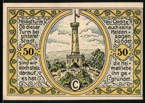 Notgeld Colditz /Sa., 1921, 50 Pfennig, Wappen, Heimatturm