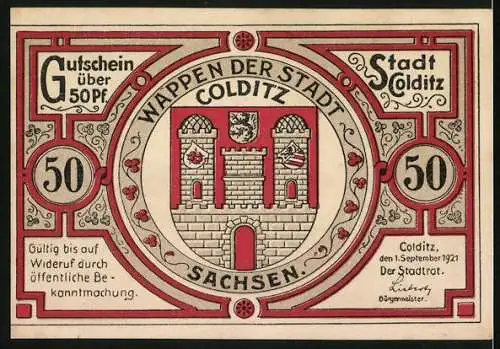 Notgeld Colditz /Sa., 1921, 50 Pfennig, Wappen, Heimatturm