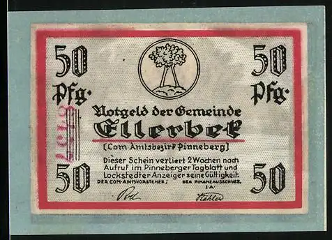 Notgeld Ellerbek /Bez. Pinneberg, 50 Pfennig, Friedenseiche und Gedenkstein, Wappen