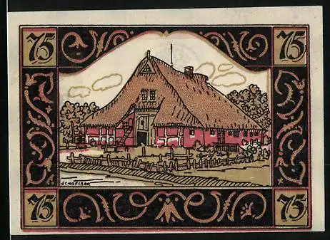 Notgeld Ellerbek /Bez. Pinneberg, 75 Pfennig, Bauernhaus, Wappen