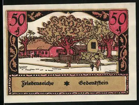 Notgeld Ellerbek /Bez. Pinneberg, 50 Pfennig, Friedenseiche und Gedenkstein, Wappen