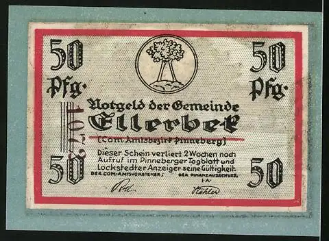 Notgeld Ellerbek /Bez. Pinneberg, 50 Pfennig, Friedenseiche und Gedenkstein, Wappen