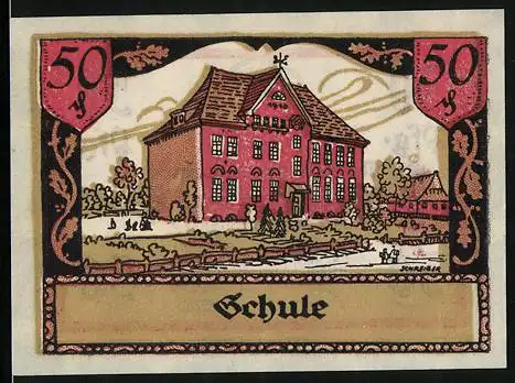 Notgeld Ellerbek /Bez. Pinneberg, 50 Pfennig, Schule, Wappen