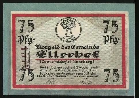 Notgeld Ellerbek /Bez. Pinneberg, 75 Pfennig, Bauernhaus, Wappen