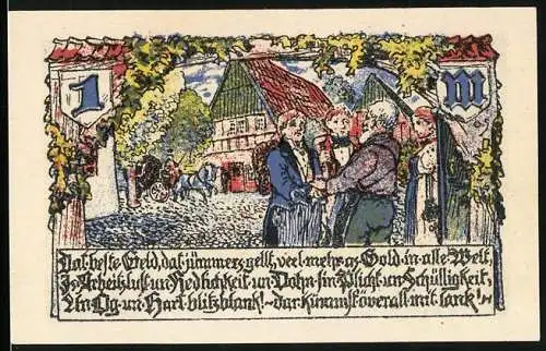 Notgeld Elmshorn 1921, 1 Mark, Panorama, Pflichtbewusste Einwohner beim Handel
