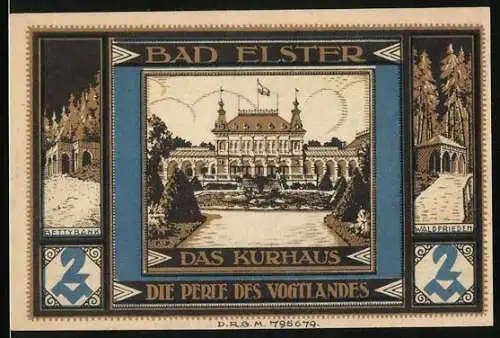 Notgeld Bad Elster i. V., 2 Mark, Kurhaus, Elster, Springbrunnen