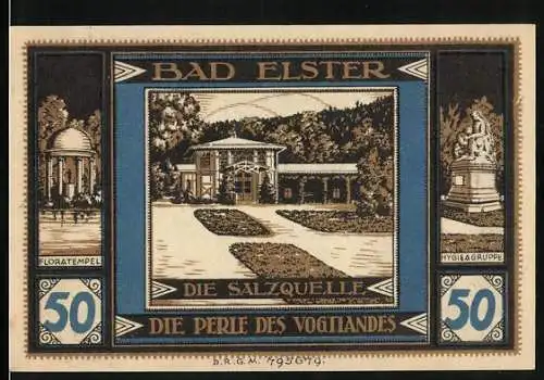 Notgeld Bad Elster i. V., 50 Pfennig, Elster, Springbrunnen, Salzquelle