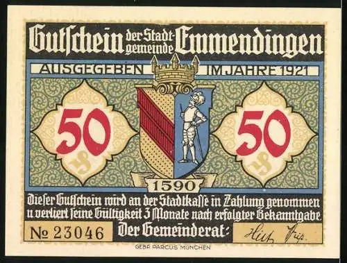 Notgeld Emmendingen 1921, 50 Pfennig, Wappen, Landsitz von Geheimrat Enderlin