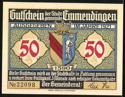 Notgeld Emmendingen 1921, 50 Pfennig, Wappen, Cornelias Grab