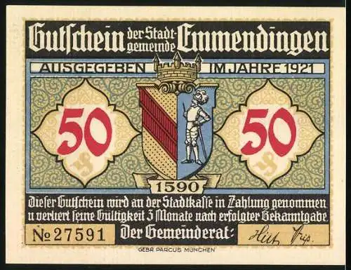 Notgeld Emmendingen 1921, 50 Pfennig, Wappen, Strassenpartie mit Gasthaus zum Löwen