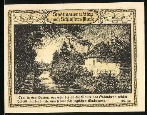 Notgeld Emmendingen 1921, 50 Pfennig, Wappen, Stadtmauer und Steg nach Schlossers Park