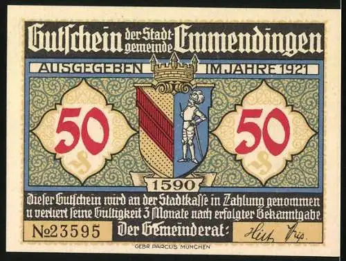 Notgeld Emmendingen 1921, 50 Pfennig, Wappen, Ortsansicht Alt-Emmendingen