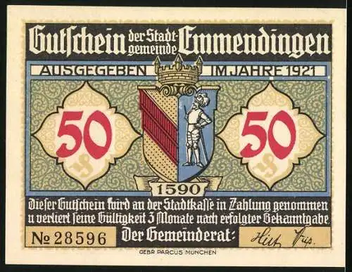 Notgeld Emmendingen 1921, 50 Pfennig, Wappen, Marktplatz mit altem Brunnen