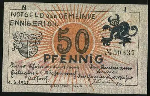 Notgeld Ennigerloh 1921, 50 Pfennig, Wappen, Drachen, Tafelrunde, Rüben, Marmelade