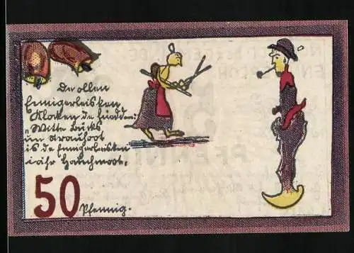 Notgeld Ennigerloh 1921, 50 Pfennig, Wappen, Drachen, Frau mit Schere, Mann in Holzpantinen, Glocken