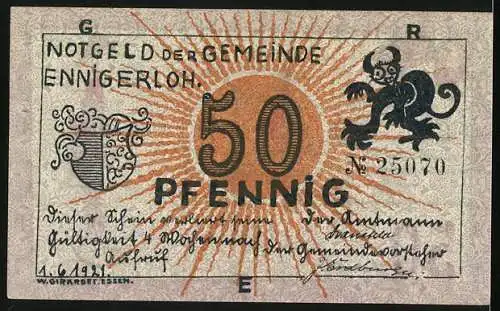 Notgeld Ennigerloh 1921, 50 Pfennig, Wappen, Drachen, Frau mit Schere, Mann in Holzpantinen, Glocken