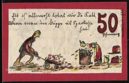 Notgeld Ennigerloh 1921, 50 Pfennig, Wappen, Drachen, Mann mit Geldkarren, Frau mit Geldmenge