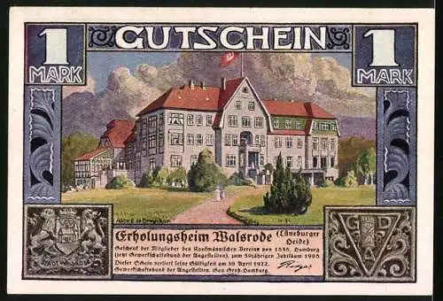 Notgeld Walsrode /Lüneburger Heide 1922, 1 Mark, Erholungsheim und Kloster, Vögel im Flug, Wappen