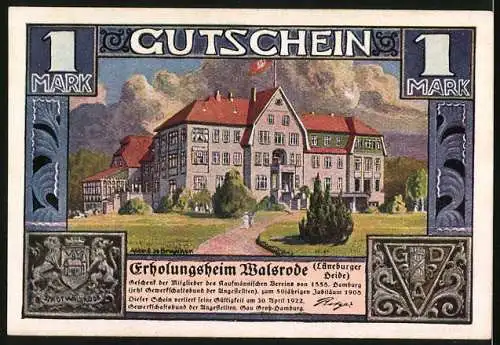 Notgeld Walsrode /Lüneburger Heide 1922, 1 Mark, Erholungsheim und Zug Hamburger Kaufleute durch die Heide, Wappen