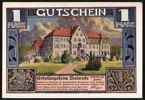 Notgeld Walsrode /Lüneburger Heide 1922, 1 Mark, Erholungsheim und Heidemuseum, Eulen und Rabe, Wappen