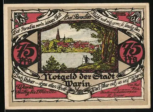 Notgeld Warin i. M. 1922, 75 Pfennig, Ortsansicht, Wappen