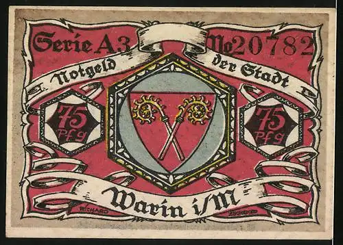 Notgeld Warin i. M. 1922, 75 Pfennig, Ortsansicht, Wappen