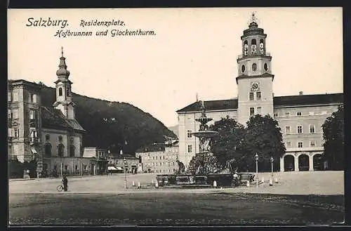 AK Salzburg, Hofbrunnen und Glockenturm am Residenzplatz