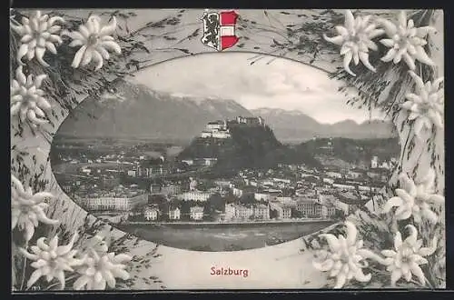 AK Salzburg, Teilansicht mit Festung, Wappen, Passepartout