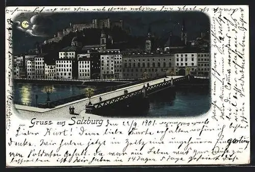 Lithographie Salzburg, Uferpartie mit Brücke