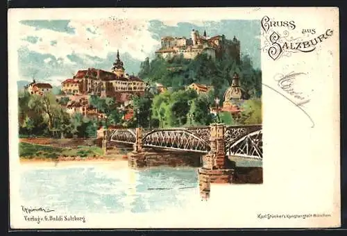 Lithographie Salzburg, Teilansicht von der anderen Flussseite aus