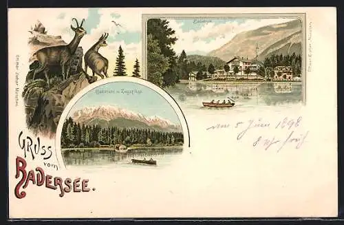 Lithographie Badersee, Ortsansicht, See und Zugspitze