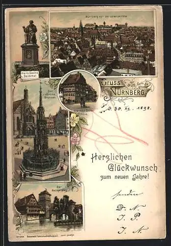 Lithographie Nürnberg, Blick von der Lorenzkirche, Albrecht Dürer Haus, Henkersteg, Hans Sachs Denkmal