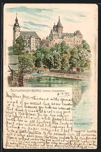 Lithographie Schwarzenberg i. sächs. Erzgebirge, Ortsansicht mit Kirche und Schloss